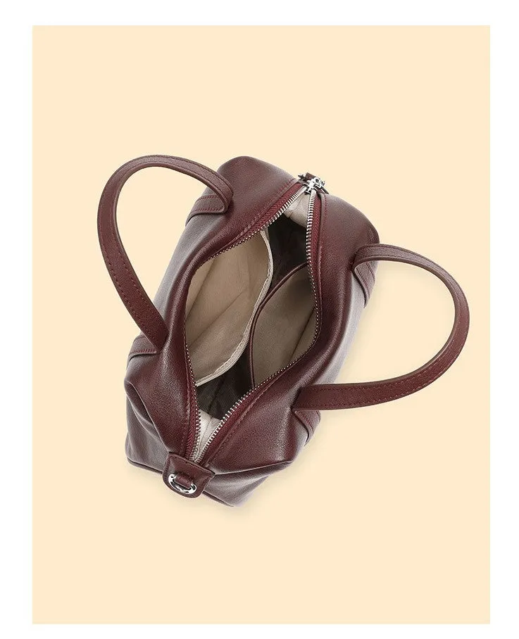 25CM New niche genuine leather shoulder Boston pillow handbag 2898 Jujube red