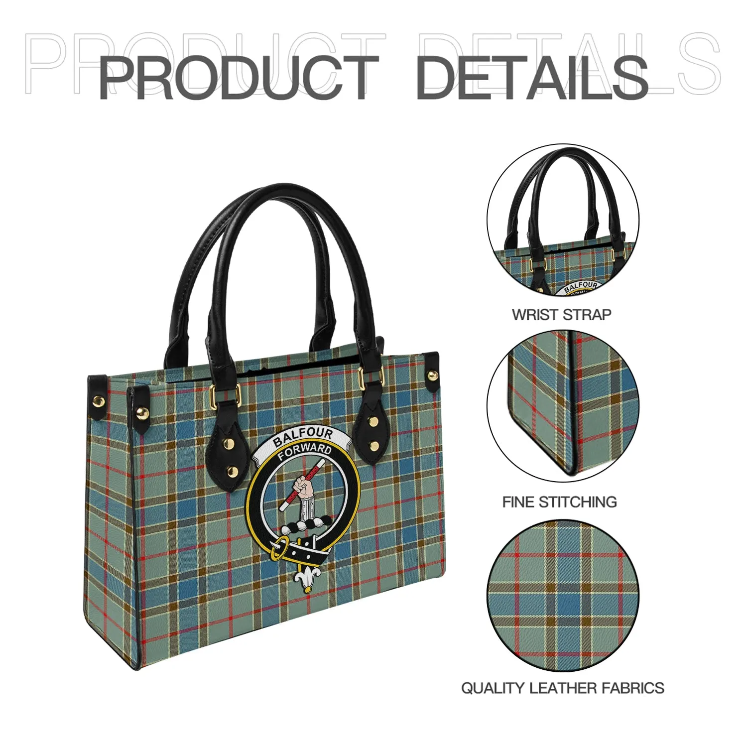 Balfour Blue Tartan Leather Bag with Family Crest