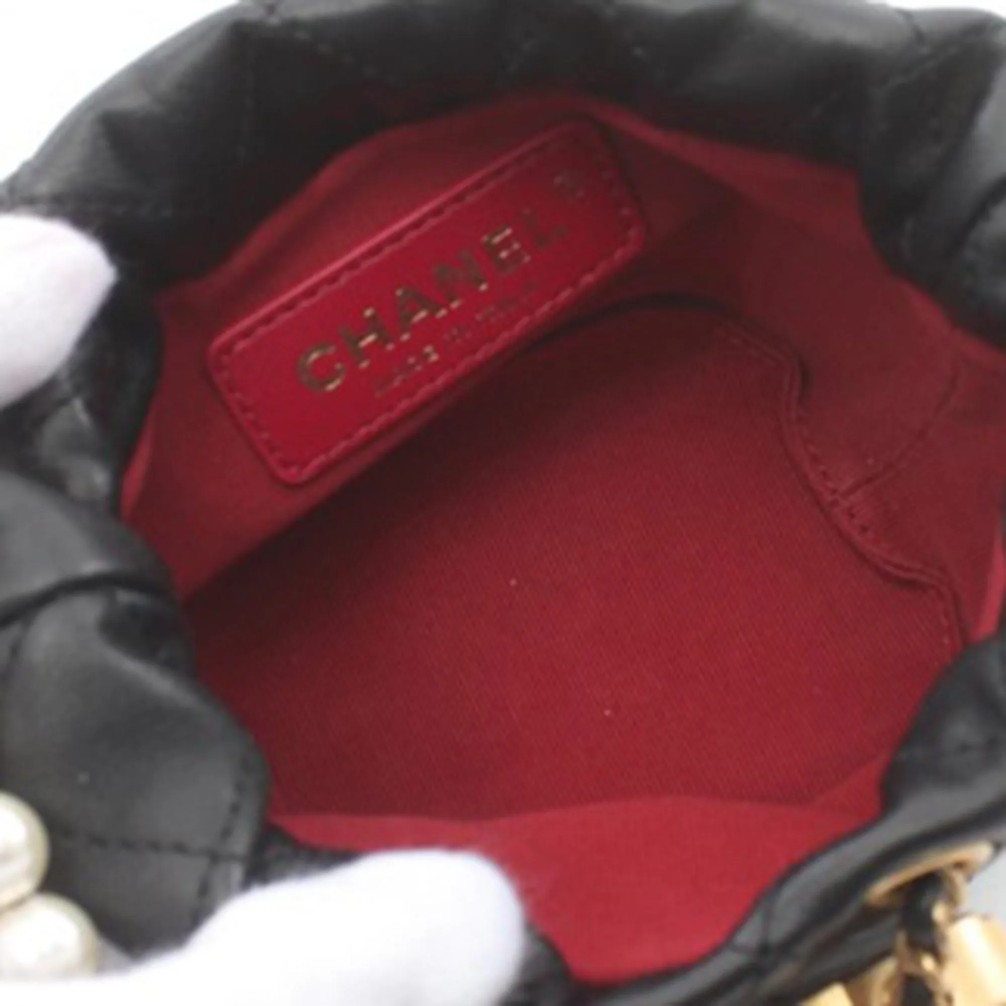 Black Chanel Mini Calfskin About Pearls Drawstring Bucket Bag