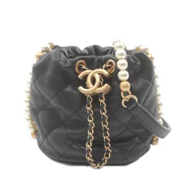 Black Chanel Mini Calfskin About Pearls Drawstring Bucket Bag