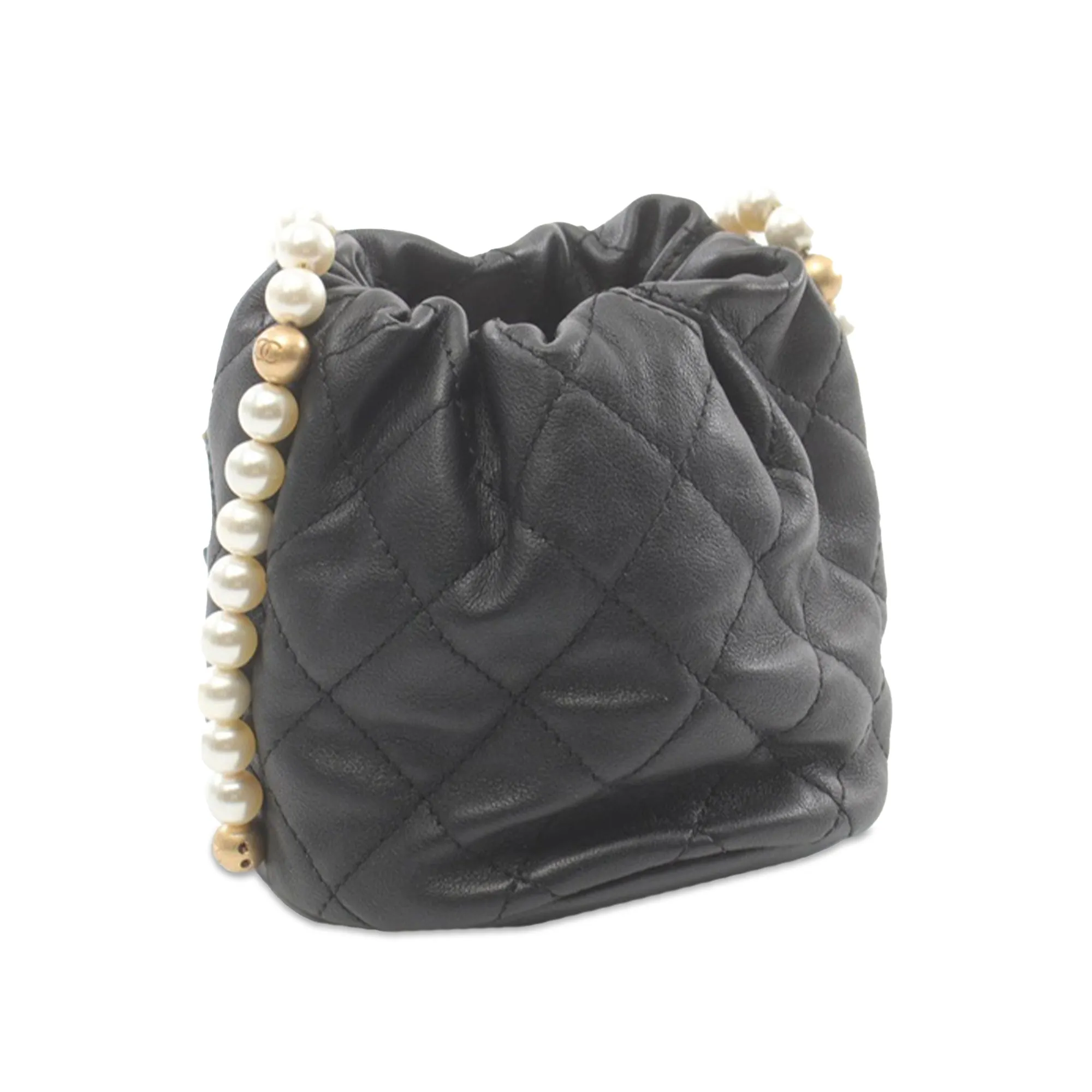 Black Chanel Mini Calfskin About Pearls Drawstring Bucket Bag