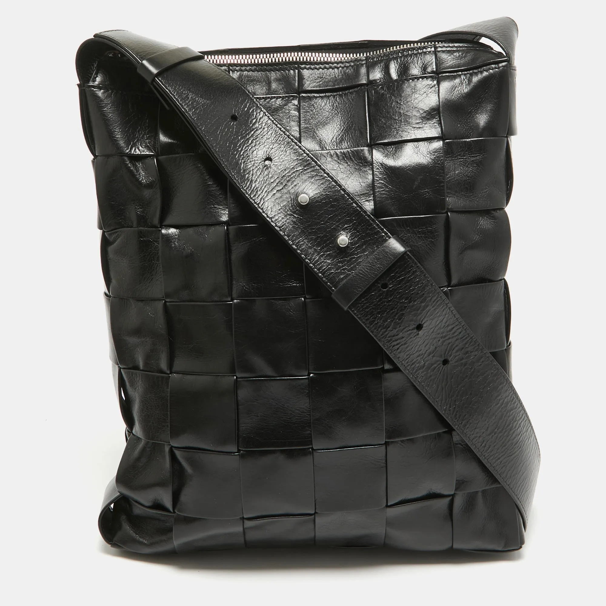 Black Intreccio Leather Cassette Messenger Bag