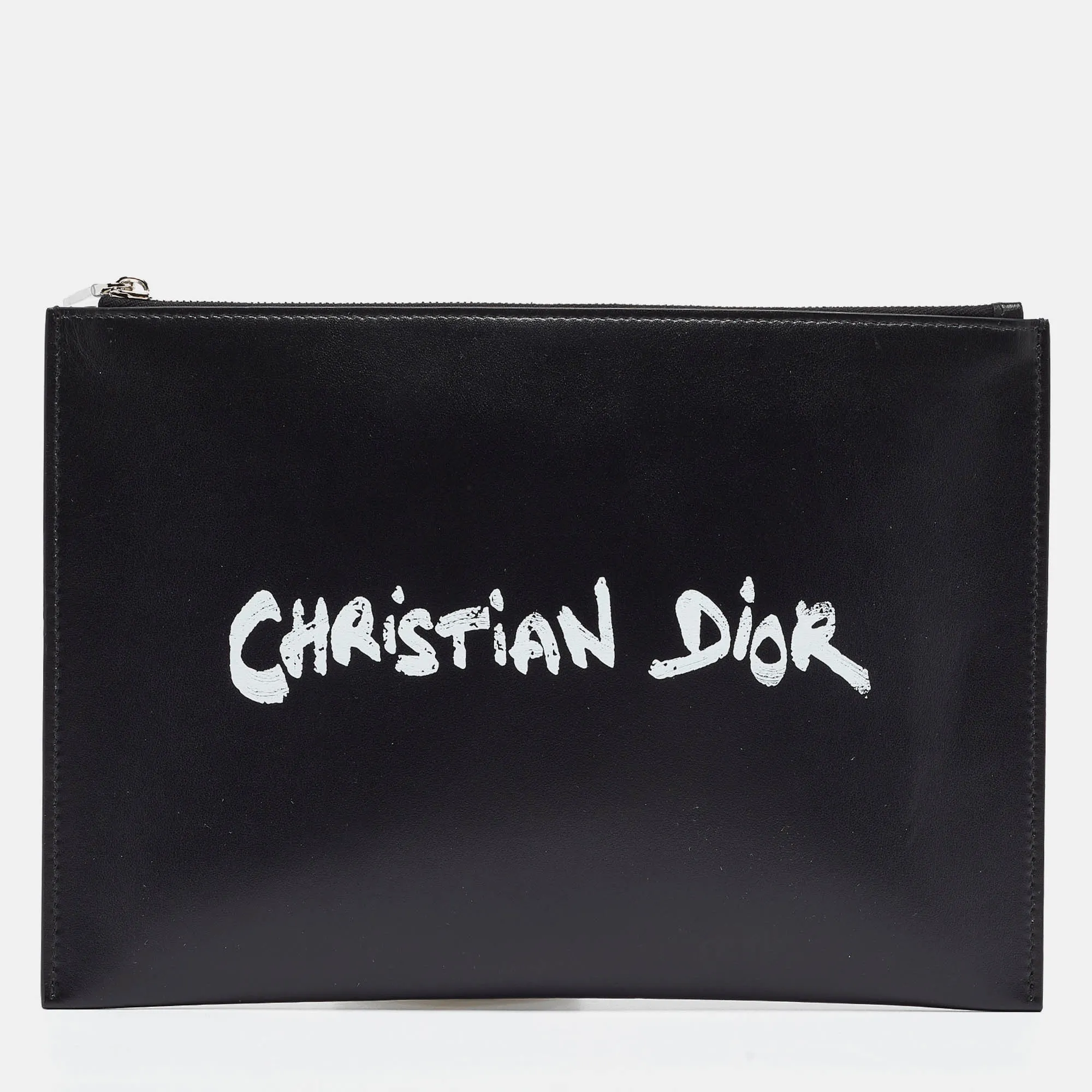 Black Leather Logo Slim Pouch