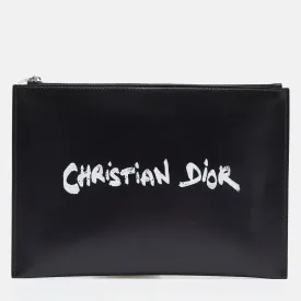 Black Leather Logo Slim Pouch