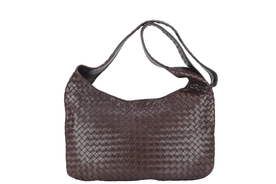 BOTTEGA VENETA INTRECCIATO SHOULDER BAG BROWN LEATHER SILVER HARDWARE NO DUST COVER
