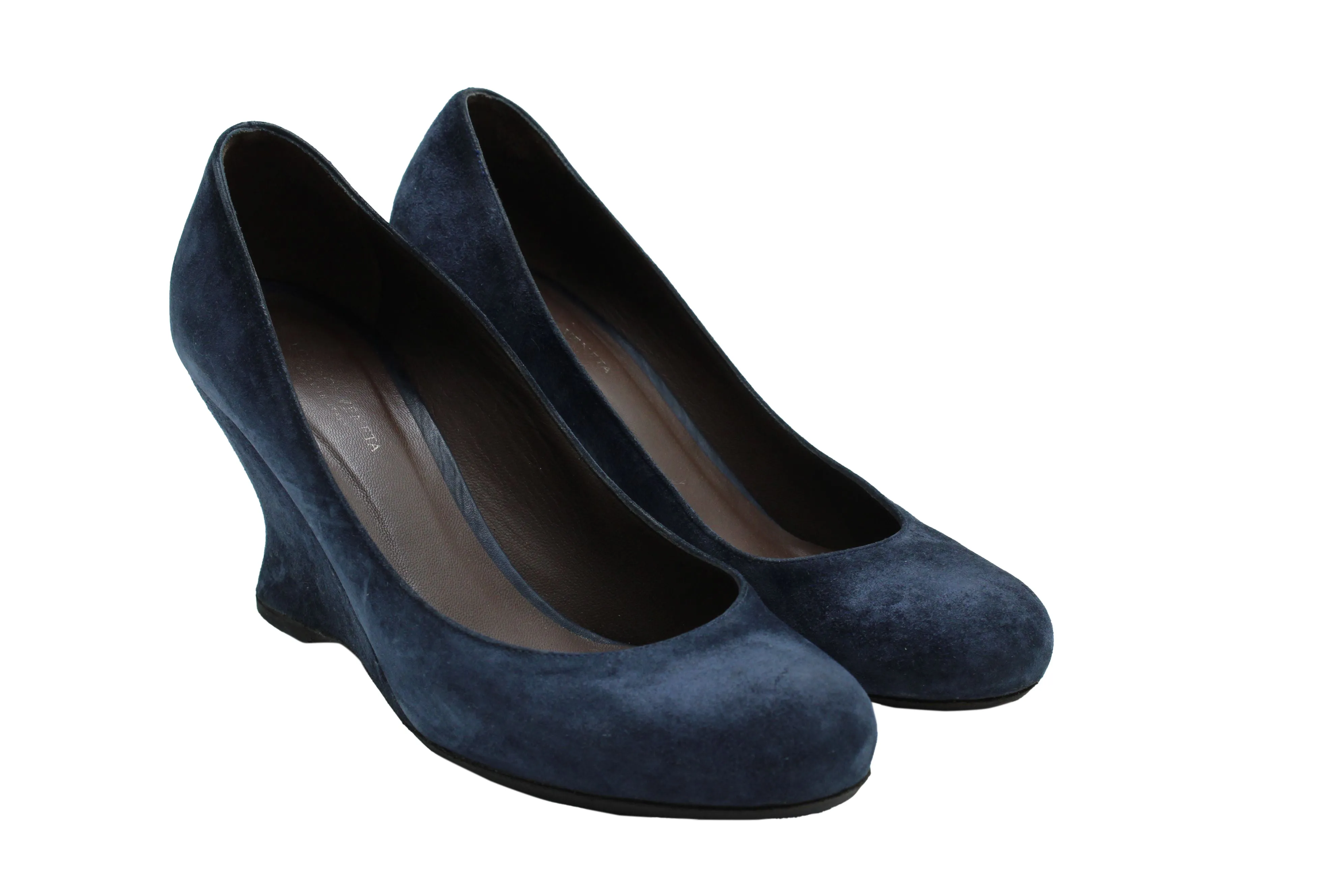 Bottega Veneta Round Toe Wedge in Navy Blue Suede