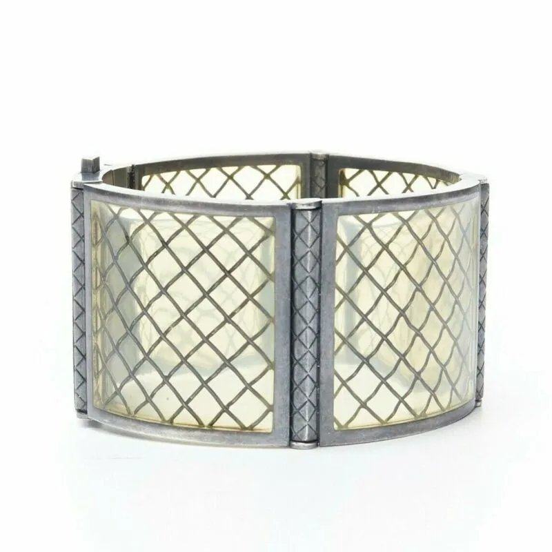 BOTTEGA VENETA sterling silver pale yellow intrecciato plexi cuff bracelet