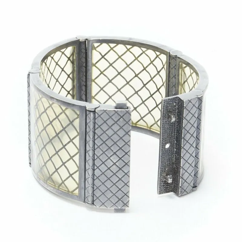 BOTTEGA VENETA sterling silver pale yellow intrecciato plexi cuff bracelet