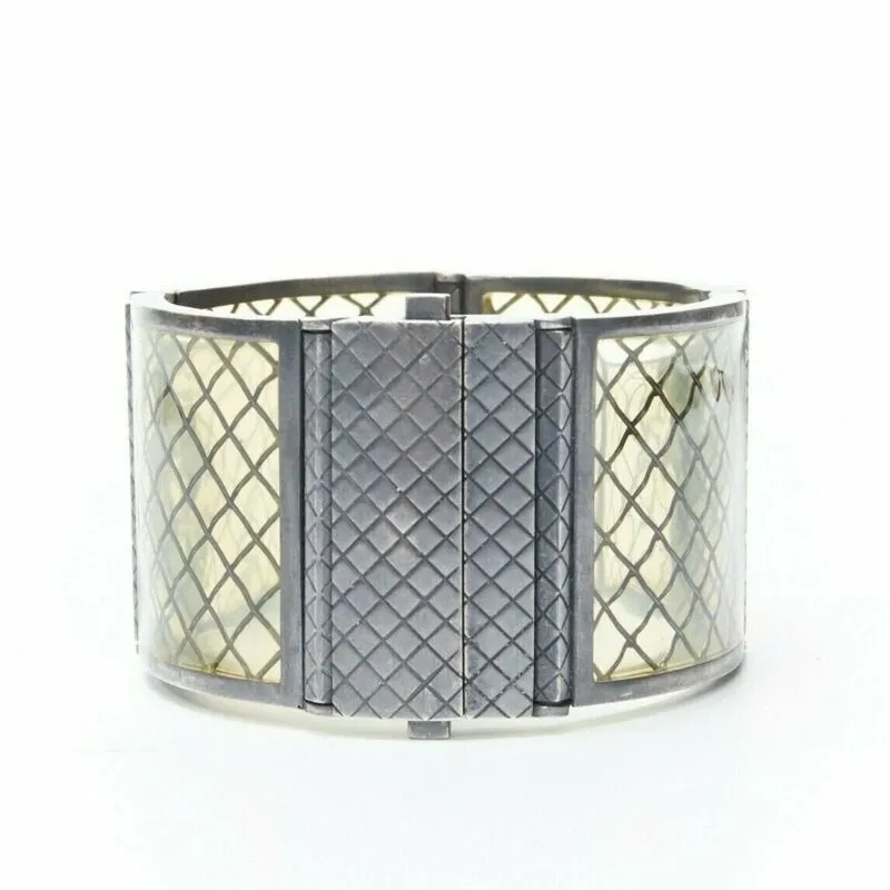 BOTTEGA VENETA sterling silver pale yellow intrecciato plexi cuff bracelet