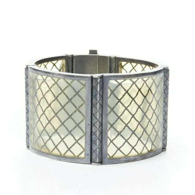 BOTTEGA VENETA sterling silver pale yellow intrecciato plexi cuff bracelet