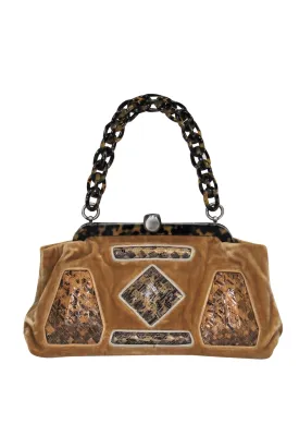 Bottega Veneta - Tan Velvet Baguette w/ Woven Snakeskin Print & Tortoise Shell Trim
