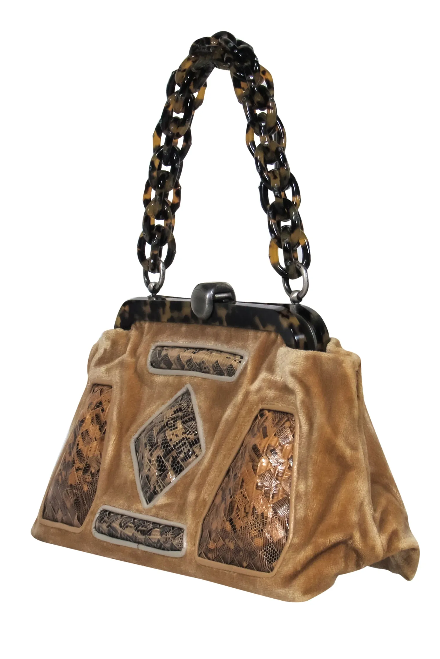 Bottega Veneta - Tan Velvet Baguette w/ Woven Snakeskin Print & Tortoise Shell Trim