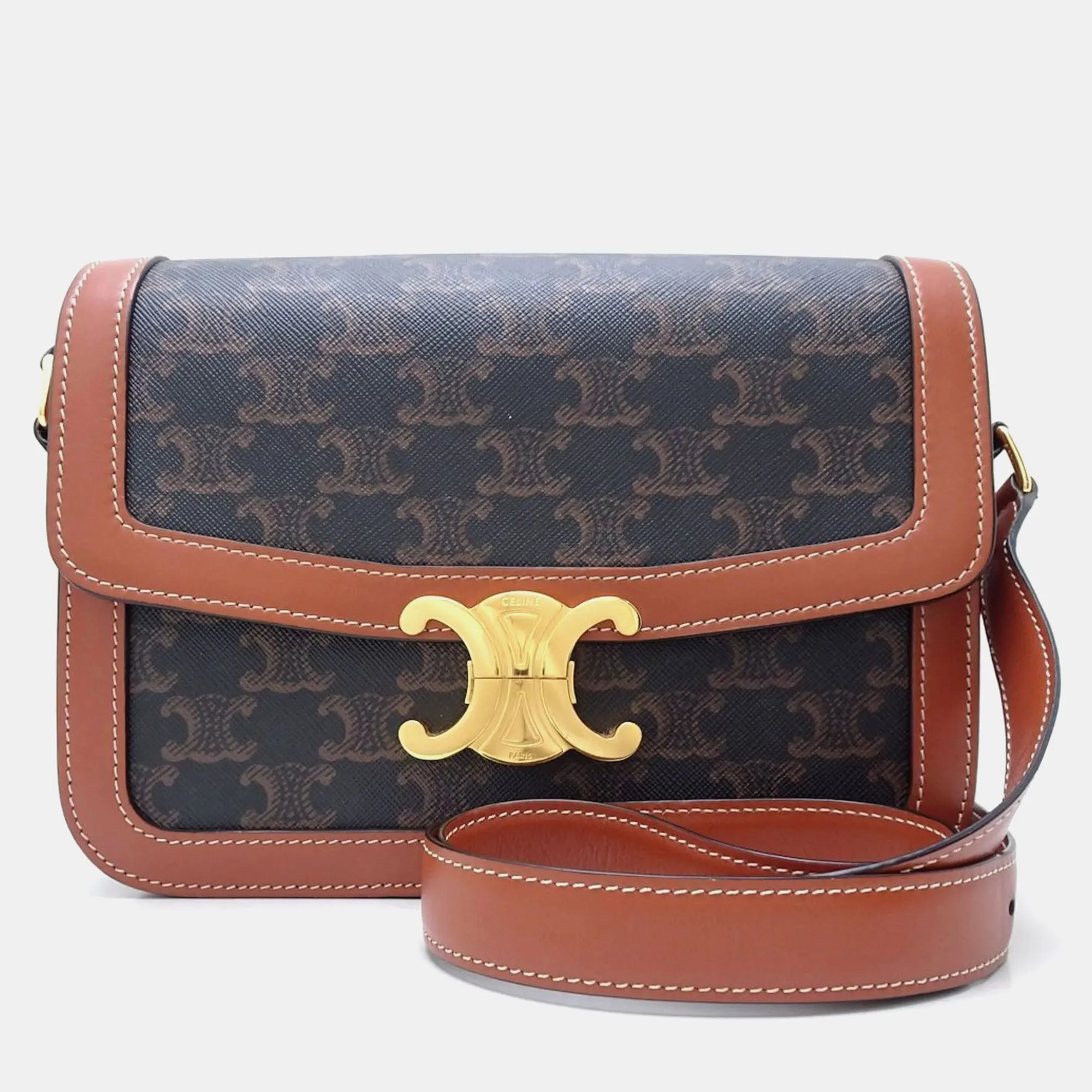 Brown Leather and Canvas Triomphe Medium Shoulder Bag