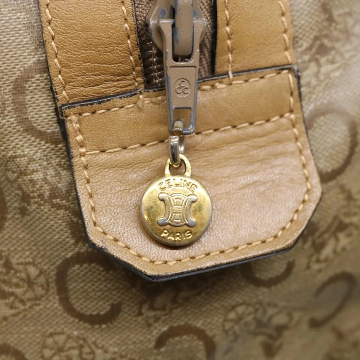 CELINE C Macadam Canvas Boston Bag Beige Auth ki4376