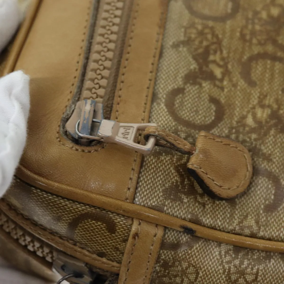 CELINE C Macadam Canvas Shoulder Bag Beige Auth 74191