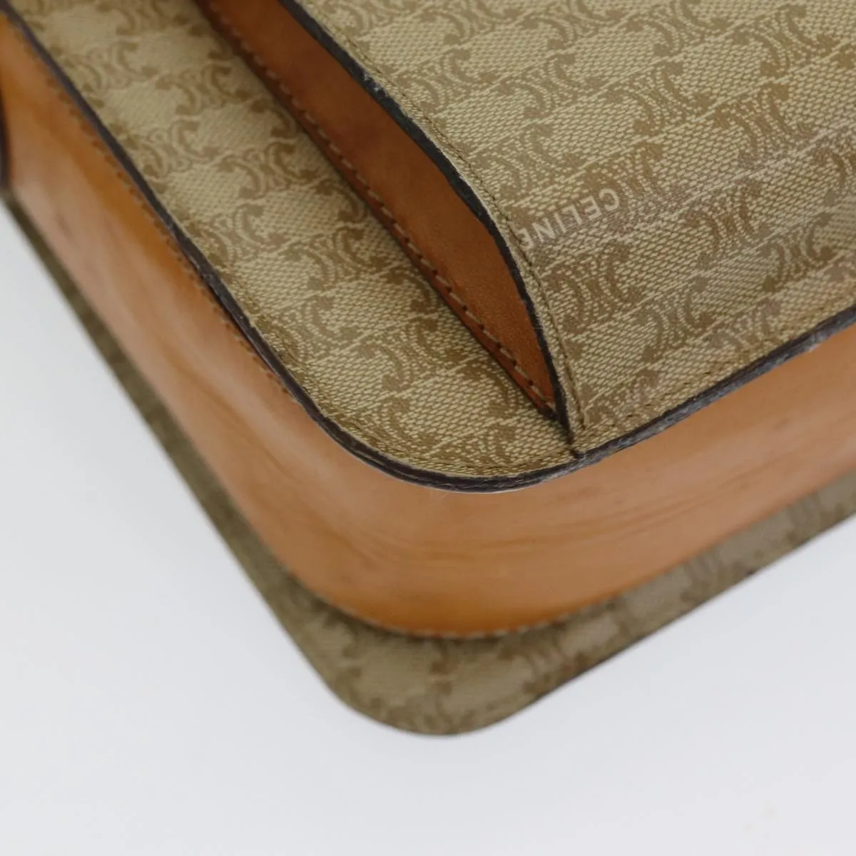 CELINE Macadam Canvas Shoulder Bag Beige Gold Auth 86227