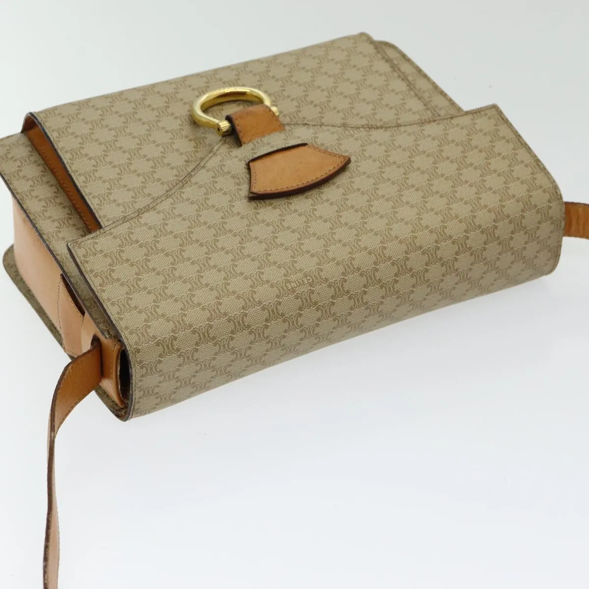 CELINE Macadam Canvas Shoulder Bag Beige Gold Auth 86227