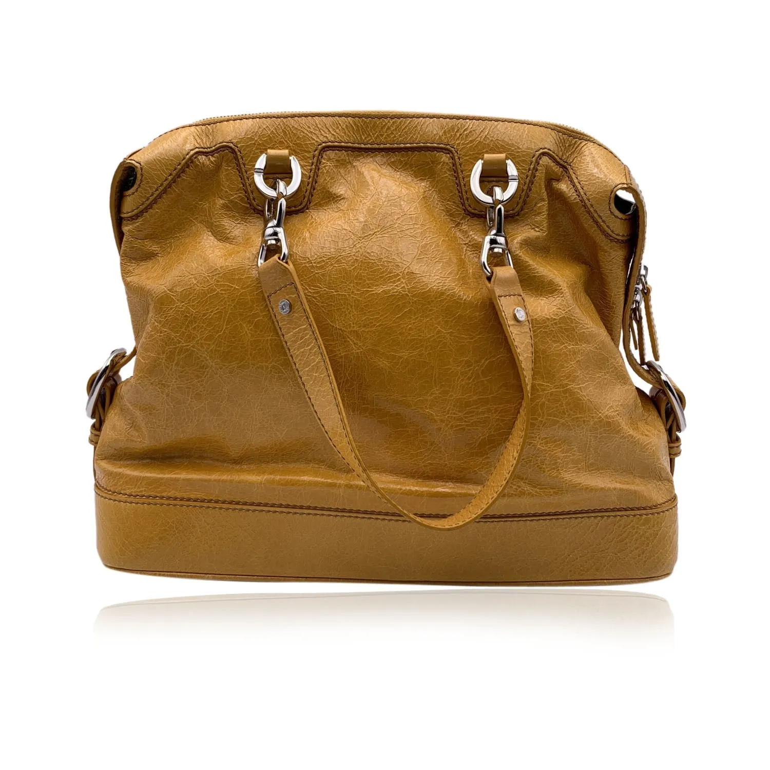 CELINE Yellow Mustard Crinkled Leather Tote Shoulder Bag
