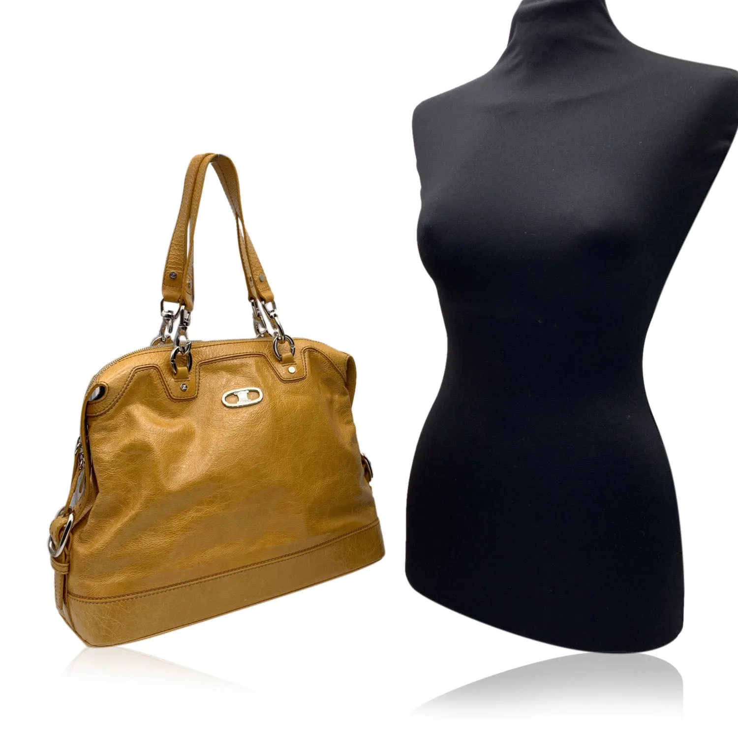CELINE Yellow Mustard Crinkled Leather Tote Shoulder Bag