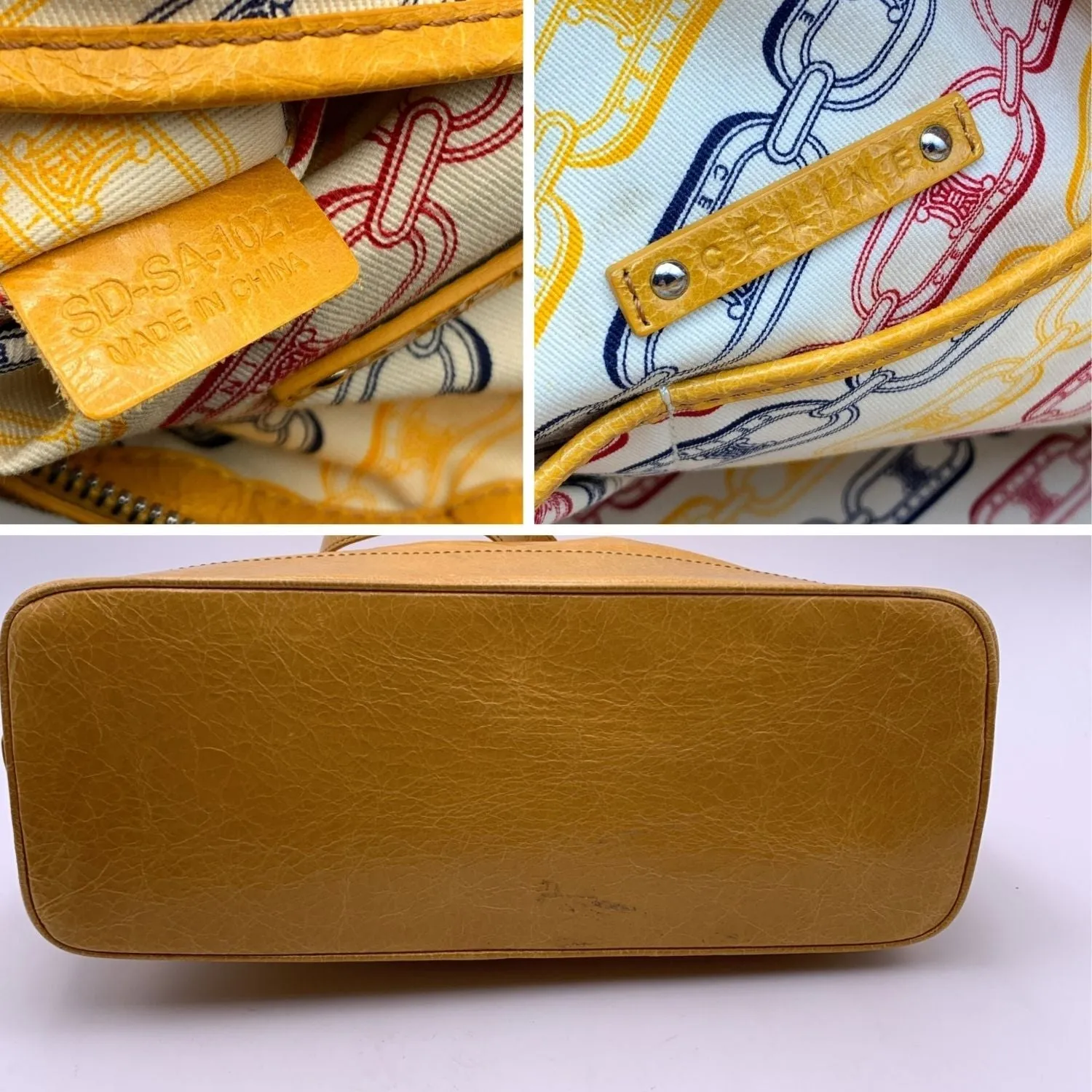 CELINE Yellow Mustard Crinkled Leather Tote Shoulder Bag