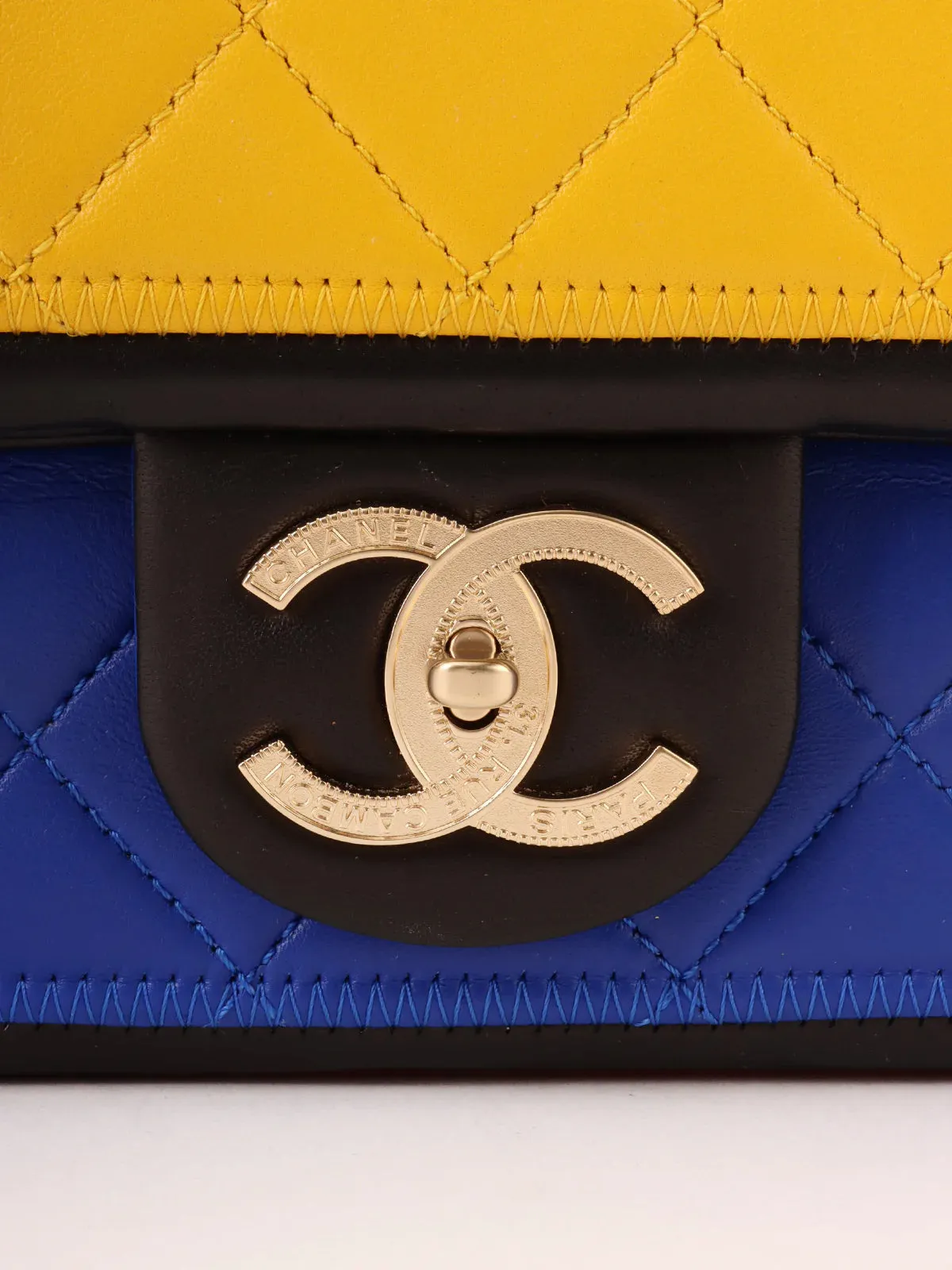CHANEL Around 2014 Made Mondrian Tricolore Turn-Lock Chain Shoulder Bag Yellow/Blue/Red