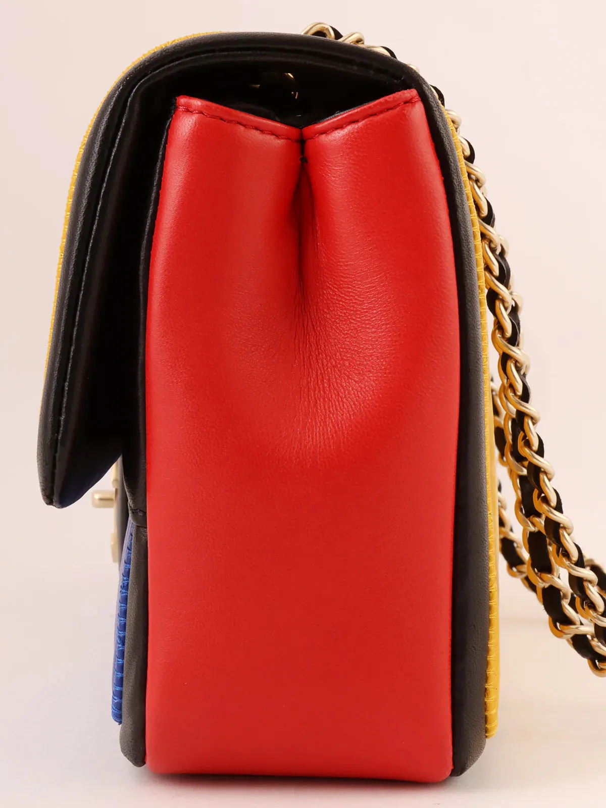 CHANEL Around 2014 Made Mondrian Tricolore Turn-Lock Chain Shoulder Bag Yellow/Blue/Red