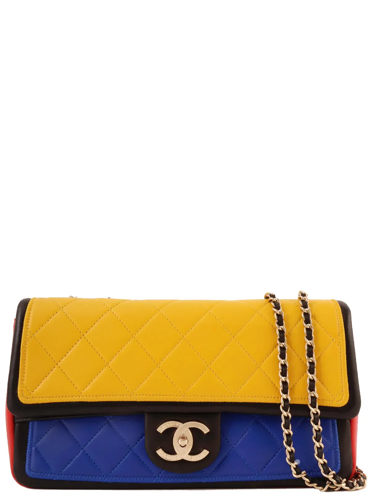 CHANEL Around 2014 Made Mondrian Tricolore Turn-Lock Chain Shoulder Bag Yellow/Blue/Red
