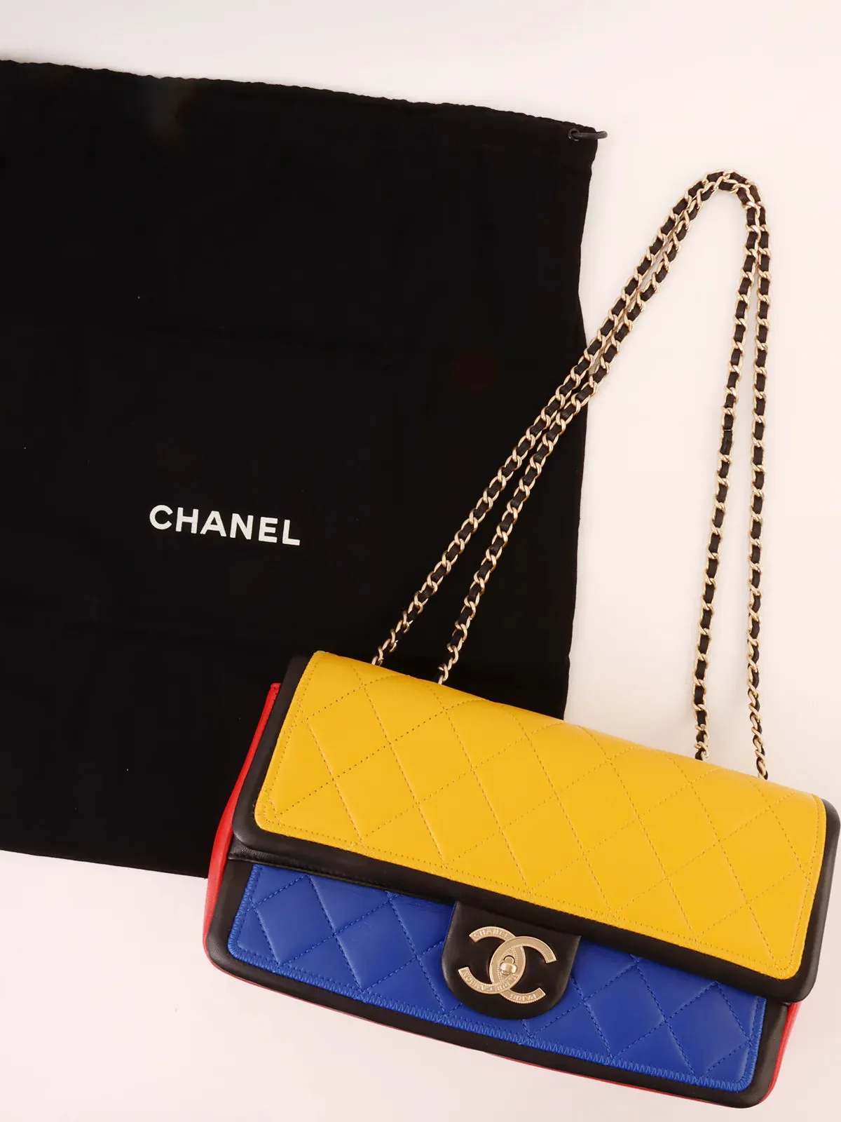 CHANEL Around 2014 Made Mondrian Tricolore Turn-Lock Chain Shoulder Bag Yellow/Blue/Red