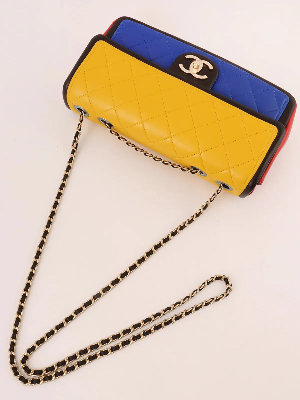 CHANEL Around 2014 Made Mondrian Tricolore Turn-Lock Chain Shoulder Bag Yellow/Blue/Red