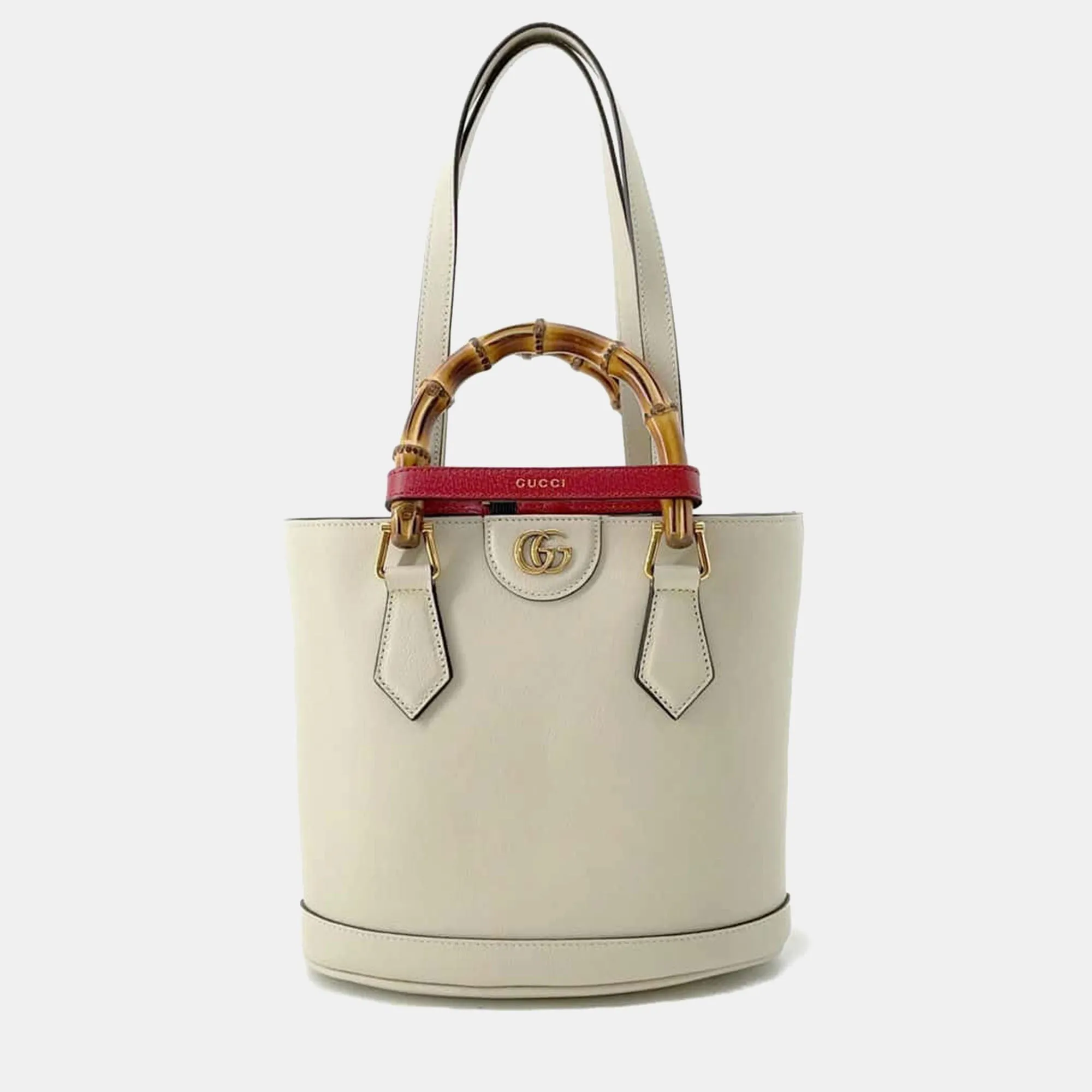 Cream Leather Small Bamboo Diana Bucket Bag