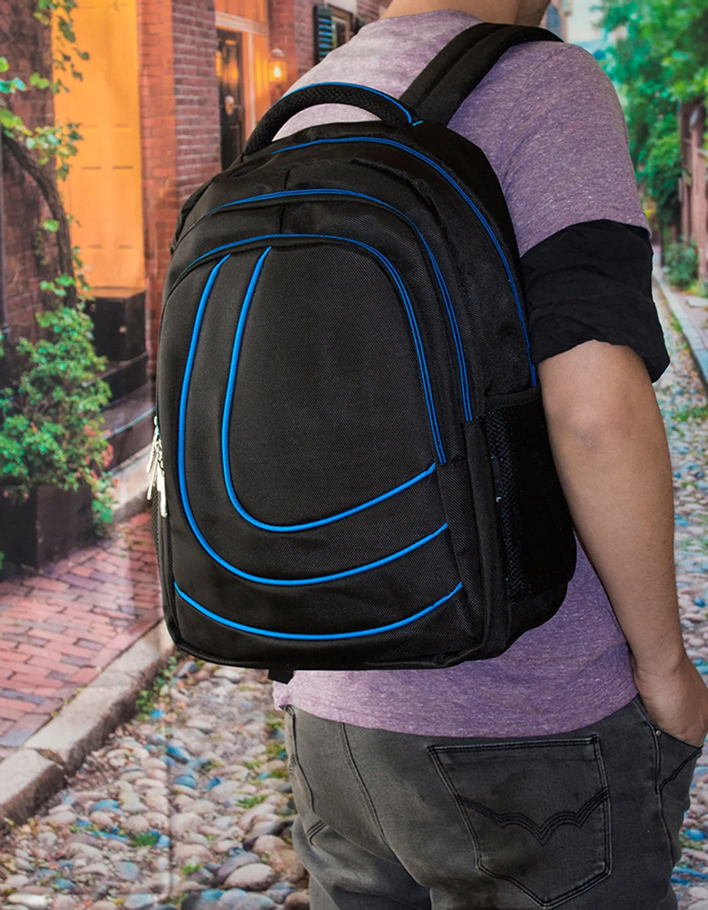 Fino SK-9028 Unisex 15 Inch Laptop Backpack with Blue Piping-19 Litre - Black