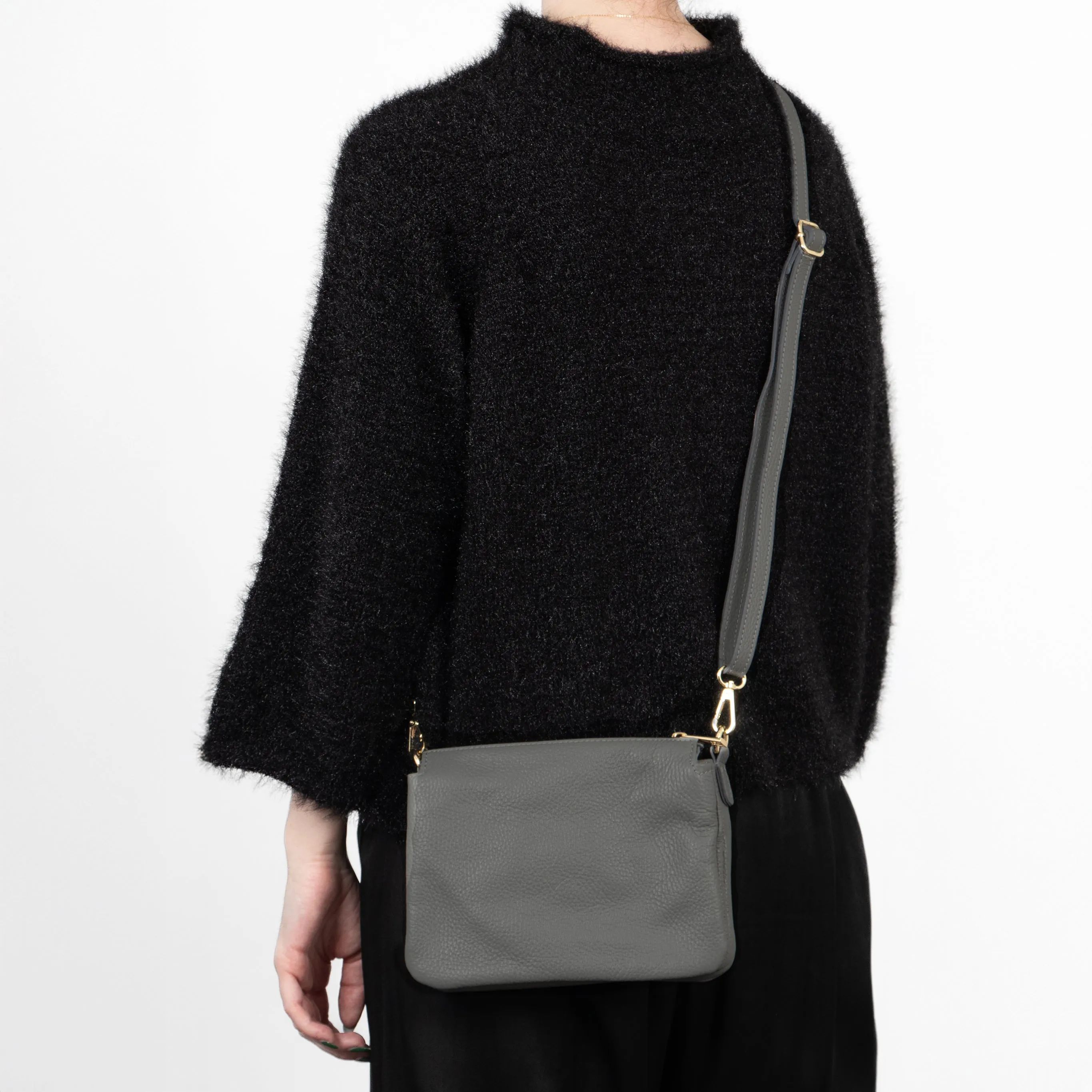 Gia - Italian Leather Crossbody Bag - Dark Grey, Pebbled
