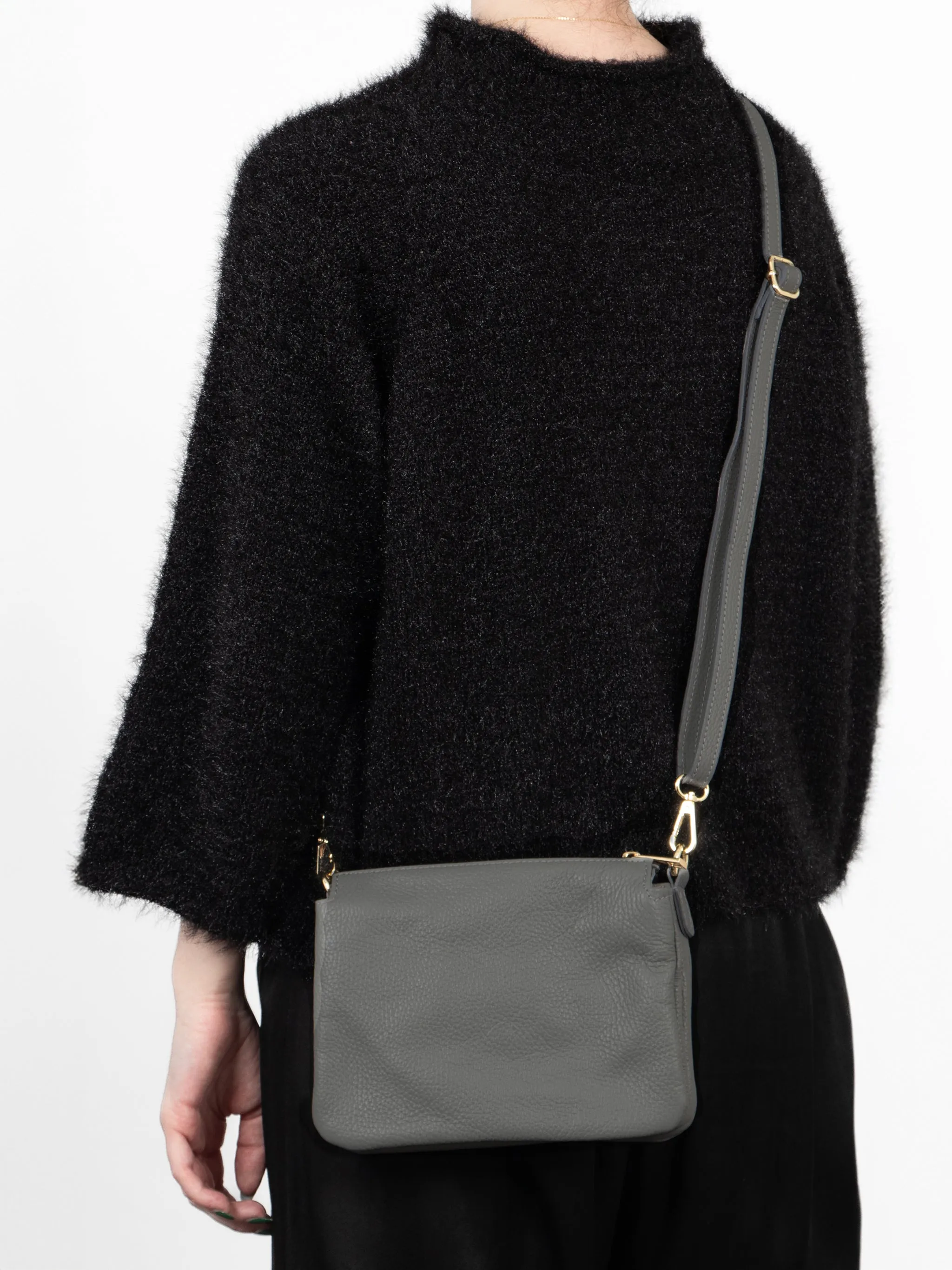 Gia - Italian Leather Crossbody Bag - Dark Grey, Pebbled