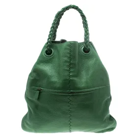Green Leather Braided Handle Hobo