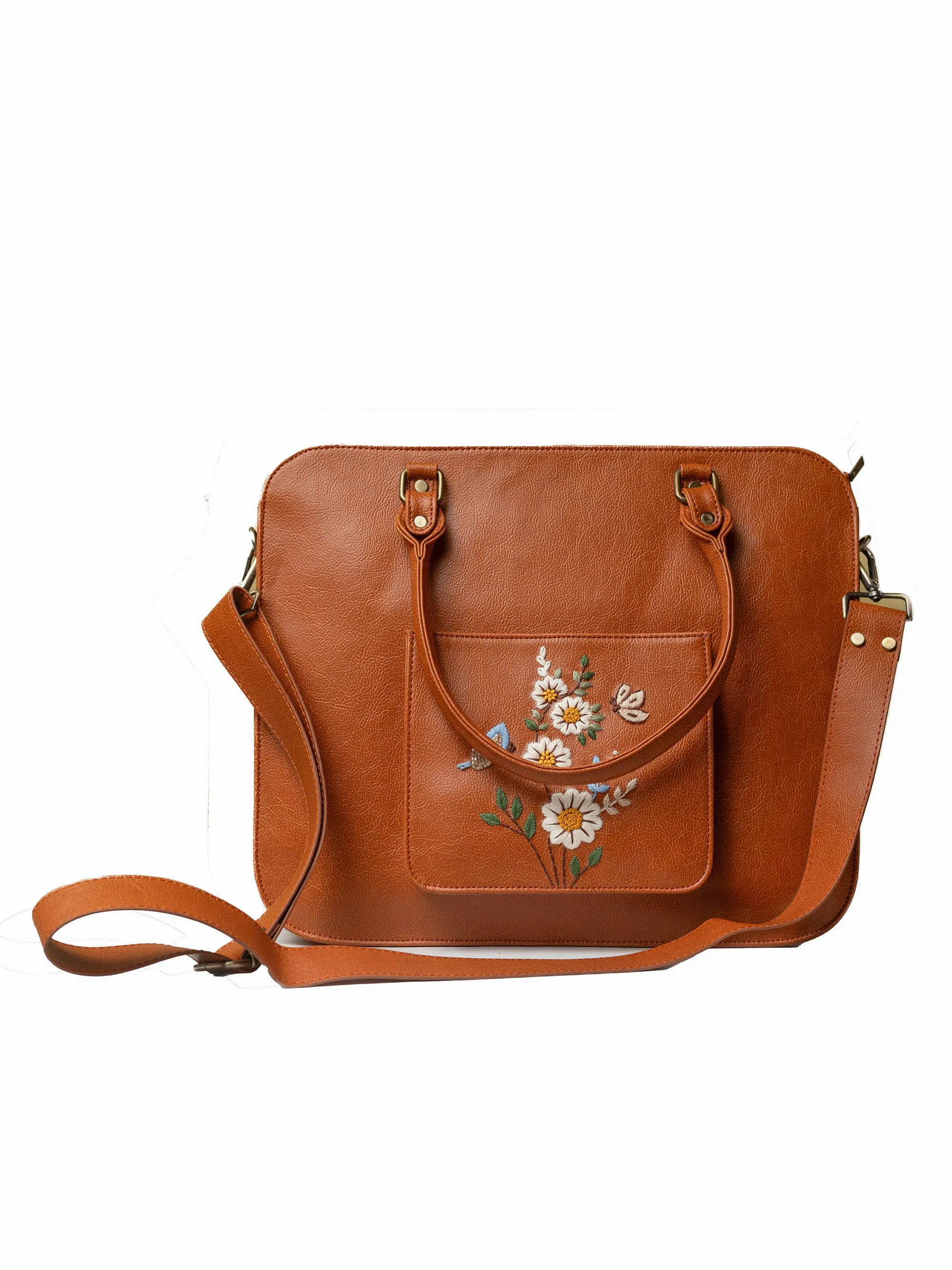 Hand Embroidered White Daisy Laptop Bag