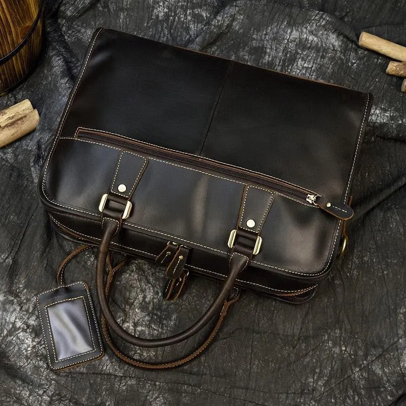 Mens Double Zipper Messenger Bag Leather Briefcase Shoulder
