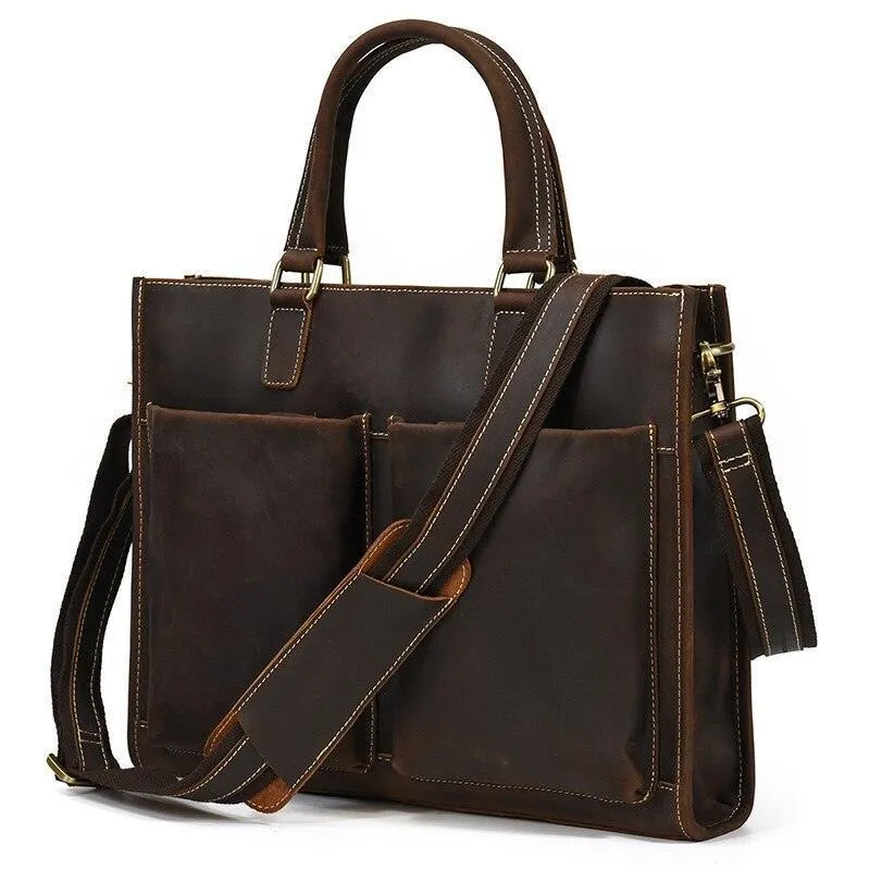 Mens Double Zipper Messenger Bag Leather Briefcase Shoulder