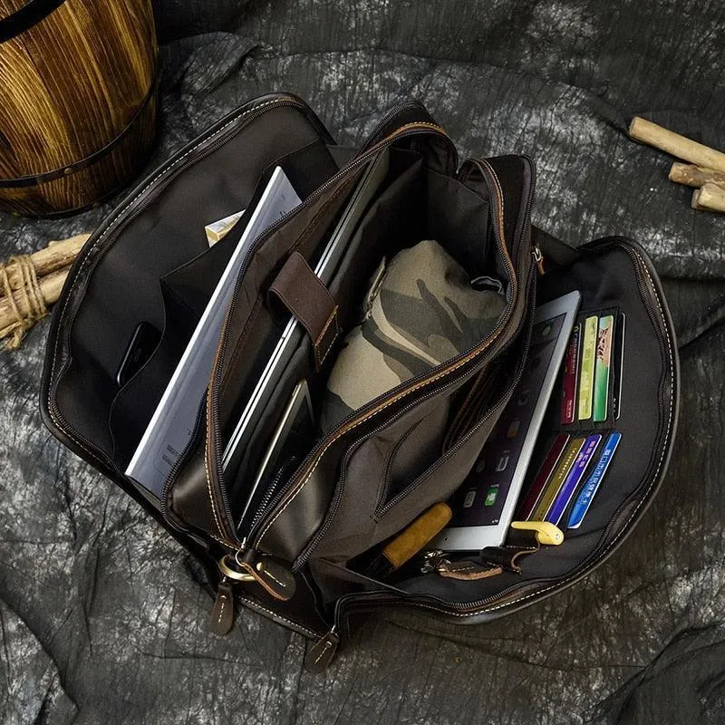 Mens Double Zipper Messenger Bag Leather Briefcase Shoulder