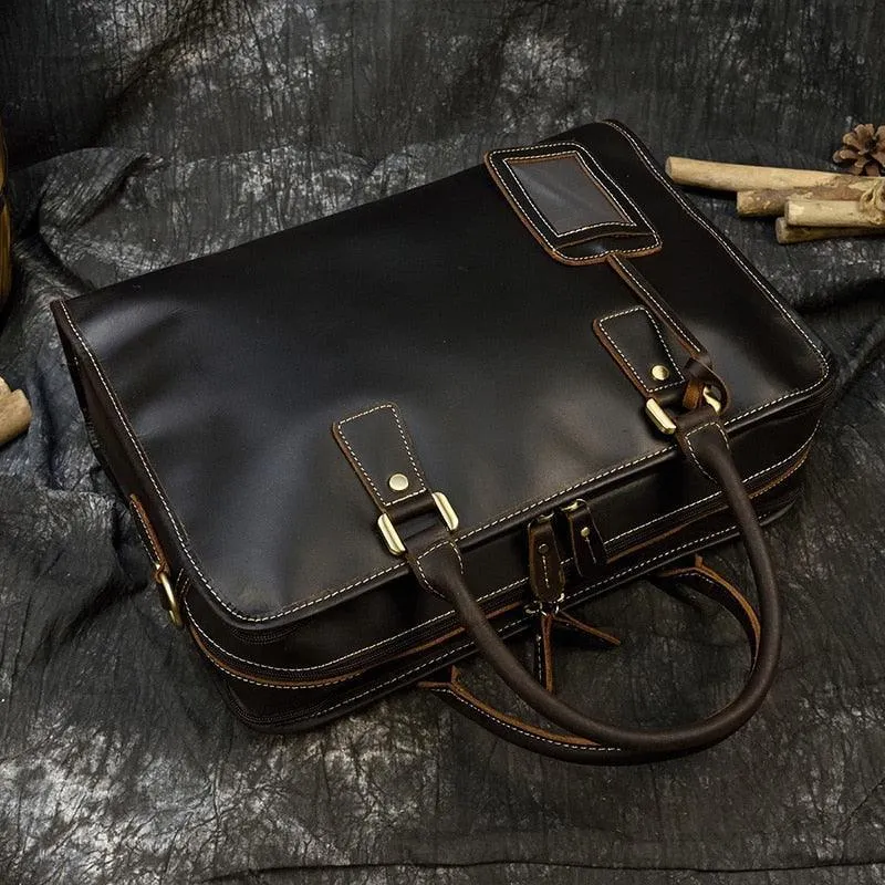 Mens Double Zipper Messenger Bag Leather Briefcase Shoulder