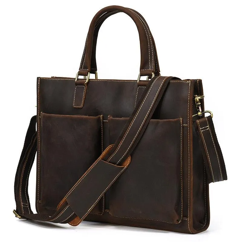 Mens Double Zipper Messenger Bag Leather Briefcase Shoulder