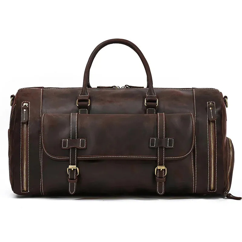 Mens Leather Shoulder Duffel Bag, Shoe Compartment, Removable Strap