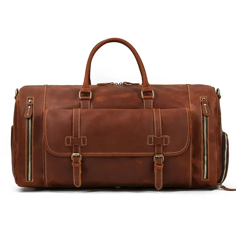 Mens Leather Shoulder Duffel Bag, Shoe Compartment, Removable Strap