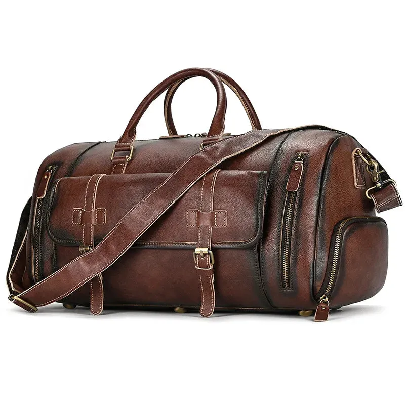 Mens Leather Shoulder Duffel Bag, Shoe Compartment, Removable Strap
