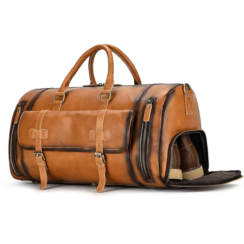 Mens Leather Shoulder Duffel Bag, Shoe Compartment, Removable Strap