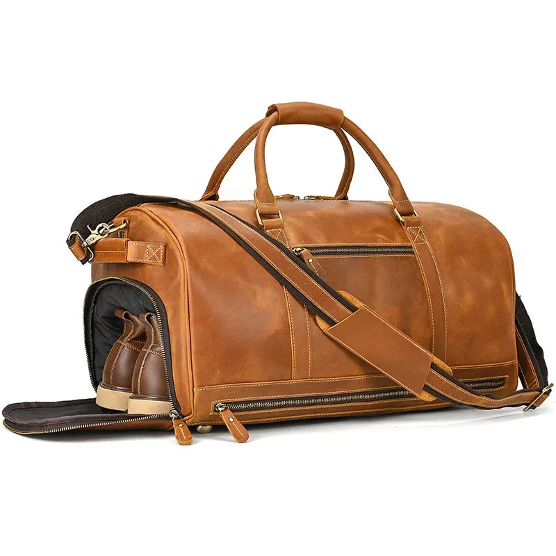 Mens Leather Shoulder Duffel Bag, Shoe Compartment, Removable Strap