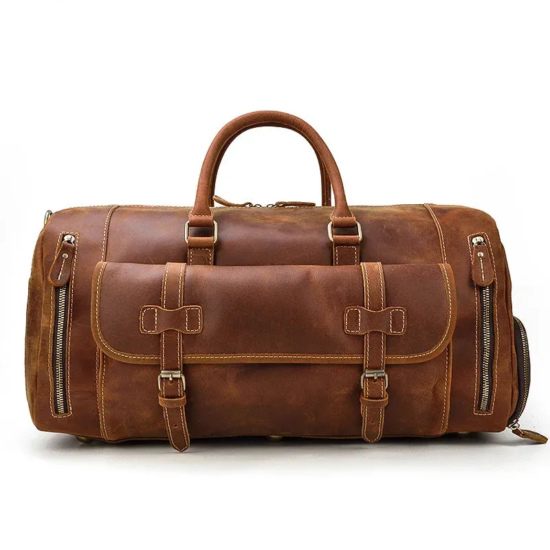 Mens Leather Shoulder Duffel Bag, Shoe Compartment, Removable Strap