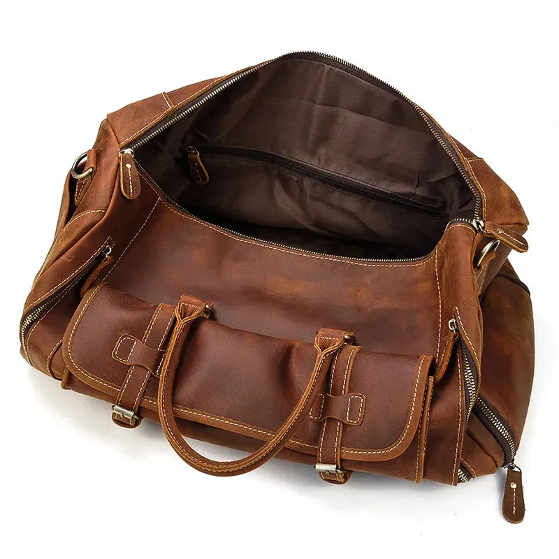 Mens Leather Shoulder Duffel Bag, Shoe Compartment, Removable Strap