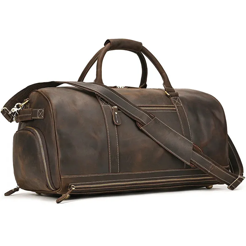 Mens Leather Shoulder Duffel Bag, Shoe Compartment, Removable Strap