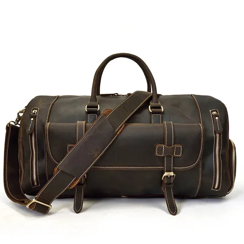 Mens Leather Shoulder Duffel Bag, Shoe Compartment, Removable Strap