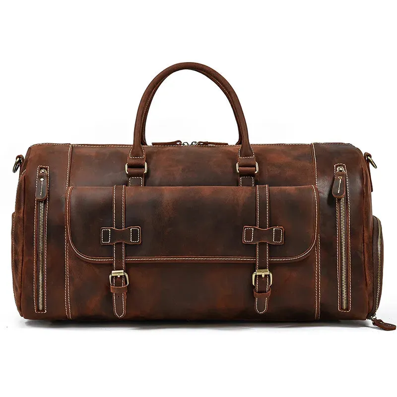 Mens Leather Shoulder Duffel Bag, Shoe Compartment, Removable Strap